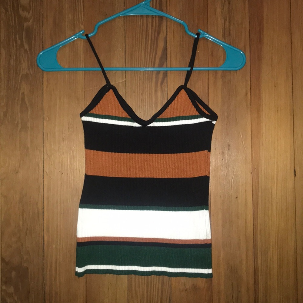 Brown, dark green, black, and white striped shirt